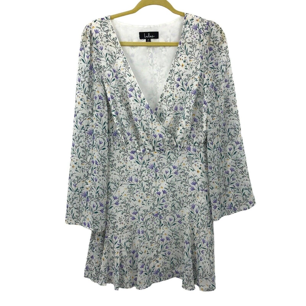 Lulus Women's Slit Sleeve Floral Dress Knee Length Purple Dainty Lined Sz M
